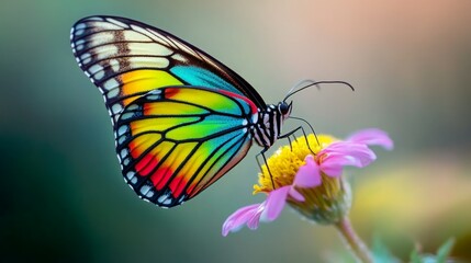 Fototapeta premium Vibrant butterfly with rainbow wings delicately feeding on a pink flower.