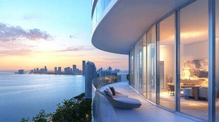 Naklejka premium Luxury Miami Condo with Breathtaking Ocean and City Views at Sunset
