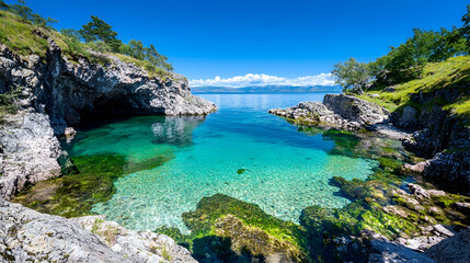 Crystal-clear cove, lake view, summer, rocky shore, travel