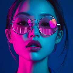 Vibrant portrait of a fashion model urban studio photography neon lighting close-up modern aesthetic