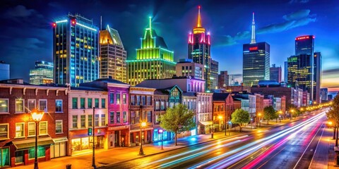 Vibrant Nashville Broadway illuminated with colorful lights at night , Nashville, Tennessee, nightlife, entertainment, music