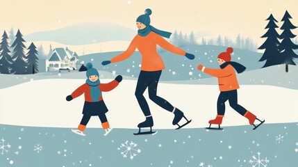 Fototapeta premium Parent and child skate in ice rink.
