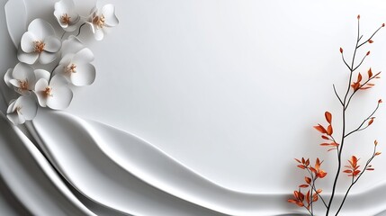 Elegant White and Orange Floral 3D Render: A Serene Minimalist Composition