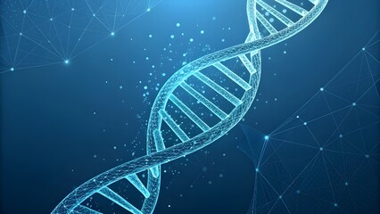 Abstract 3D Polygonal Wireframe DNA Helix on Blue Background – Biotechnology and Genetics Concept