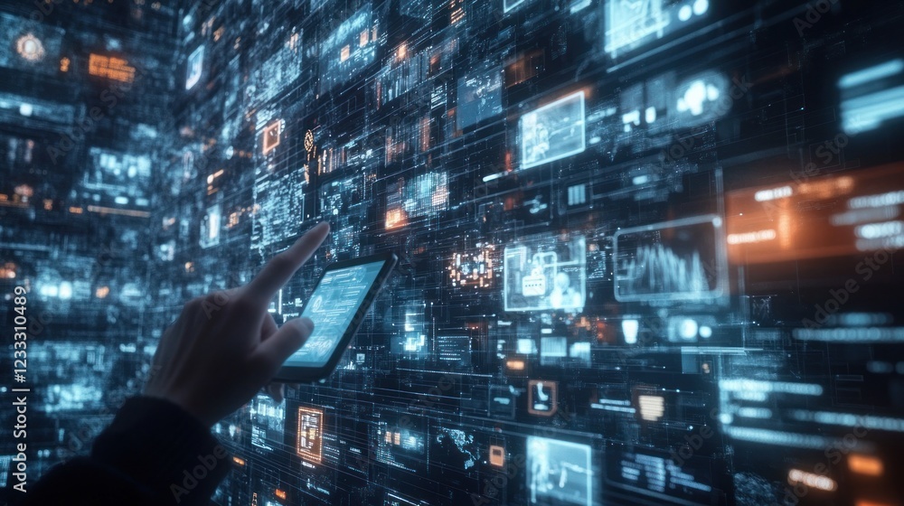 Poster digital data visualization: a hand interacts with a futuristic interface