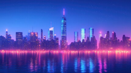 Fototapeta premium Neon-lit Manhattan skyline reflecting in twilight water