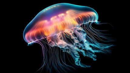 Mesmerizing iridescent jellyfish floats gracefully in the dark ocean depths.