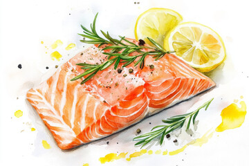 A fresh salmon steak topped with black pepper, rosemary and lemon slices. The overall picture is colorful and gives people a healthy and delicious feeling.