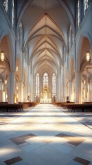 Fototapeta premium Sunlit church nave, serene and grand.