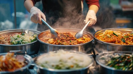 Korean street food market with vendors serving dishes