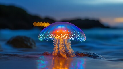 Bio-luminescent jellyfish glowing on the beach at night.