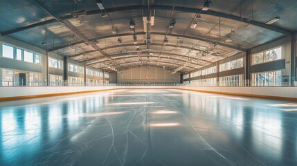 Empty ice skating rink wide view.