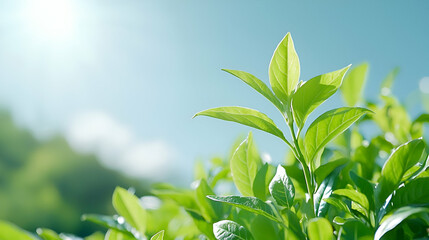 Obraz premium Lush green tea leaves in sunlight, plantation background, nature freshness, ideal for beverage packaging