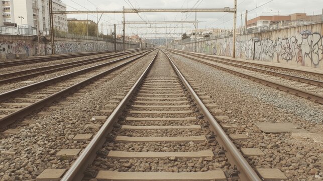 Train tracks stretching into the distance with urban graffiti, showing a quiet, desolate scene