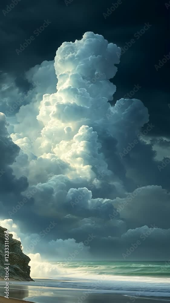 Poster Dynamic cloud formations illuminate the coastal landscape during twilight in a serene seaside setting