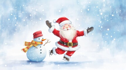 Santa ice skating with snow man.