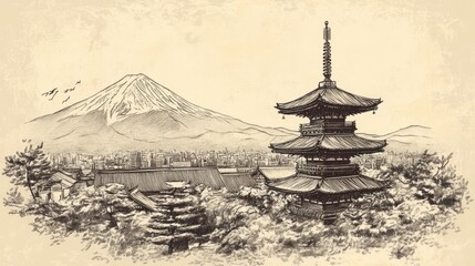 Kyoto, Japan. Vector hand drawn illustration in vintage style.