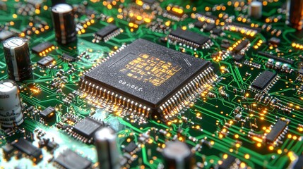 Close-up View of Modern Microprocessor on Green Circuit Board