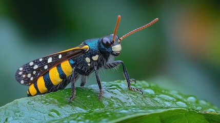 A colorful moth perched gracefully on a lush green leaf captured in a macro shot