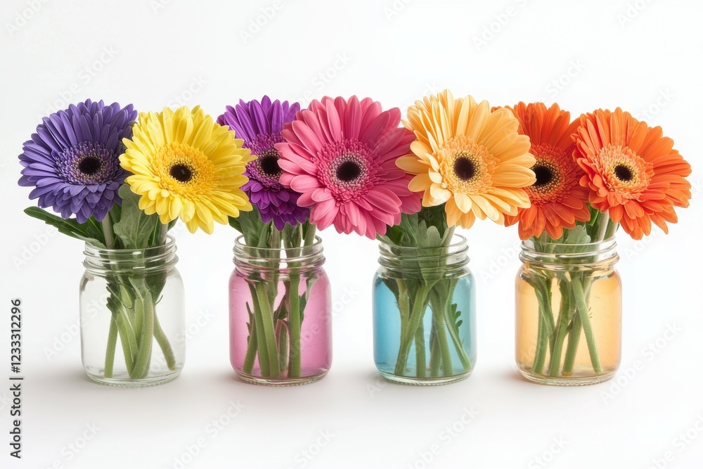 Poster row of vases with different colored flowers in them