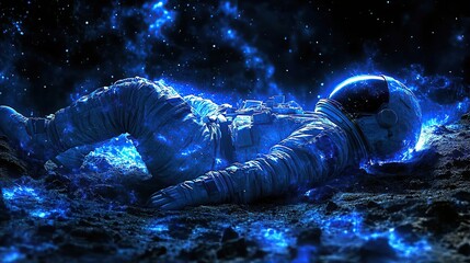 Astronaut engulfed in blue flames on lunar surface, cosmic background, space exploration concept