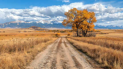 Obraz premium Autumnal Dirt Road to Mountain Vista
