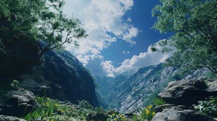 Lush mountain scene with green trees, rocky cliffs, yellow flowers and a cloudy blue sky