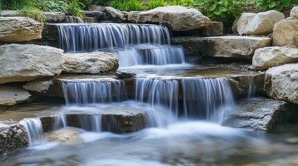 Cascading Waterfall Over Rocks in Garden With Greenery On Top, Serene Natural Scene