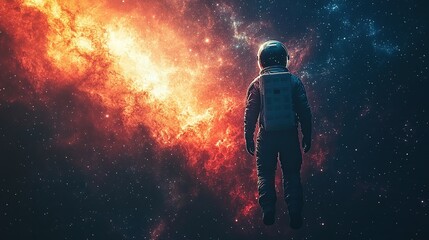 Naklejka premium Astronaut floating, space nebula backdrop, cosmic exploration, science fiction art