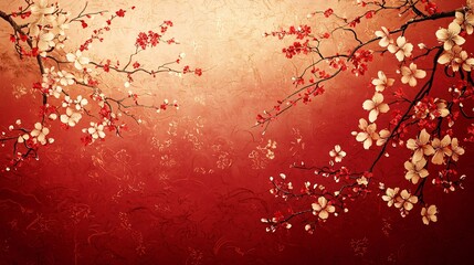 Red floral branches, Asian art, textured background, peaceful scene, wall decor