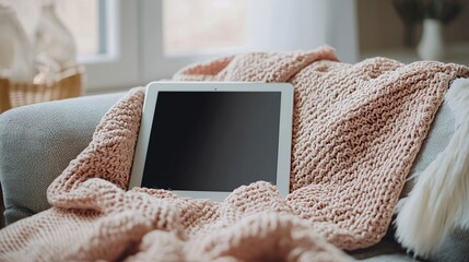 Tablet on cozy sofa blanket, home relaxation