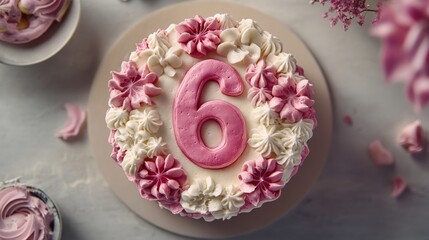 Fototapeta premium Pink six-year-old birthday cake with flowers.