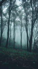 Fototapeta premium Enigmatic Woodland with Dense Tree Canopy and Thick Fog