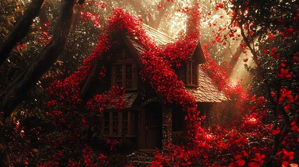 Enchanting Cottage Hidden Deep Within A Red Flower Forest
