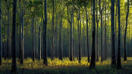 Obraz premium Sunlight Through Dense Forest Trees Creates A Beautiful Natural Scenery and Background