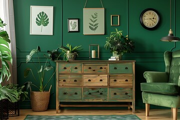 Obraz premium Vintage wooden chest of drawers in modern living room with tropical plants