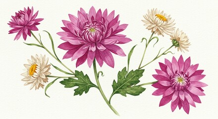 Elegant Watercolor Painting of Pink and White Chrysanthemum Flowers Botanical Illustration
