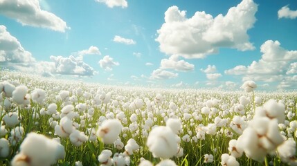 A vast field of white cotton plants in full bloom under a bright blue sky dotted with fluffy clouds