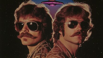 Retro Duo, Sunglasses, Mustaches, UFO, Space, 70s Album Art