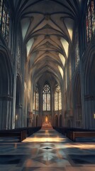 Obraz premium Sunlit Gothic cathedral interior