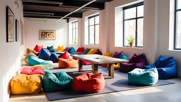 Modern colorful lounge area with bean bag chairs and wood table