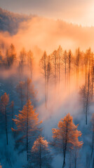 Fototapeta premium Enchanting Snow-Covered Forest Scene with Hovering Thick Mist
