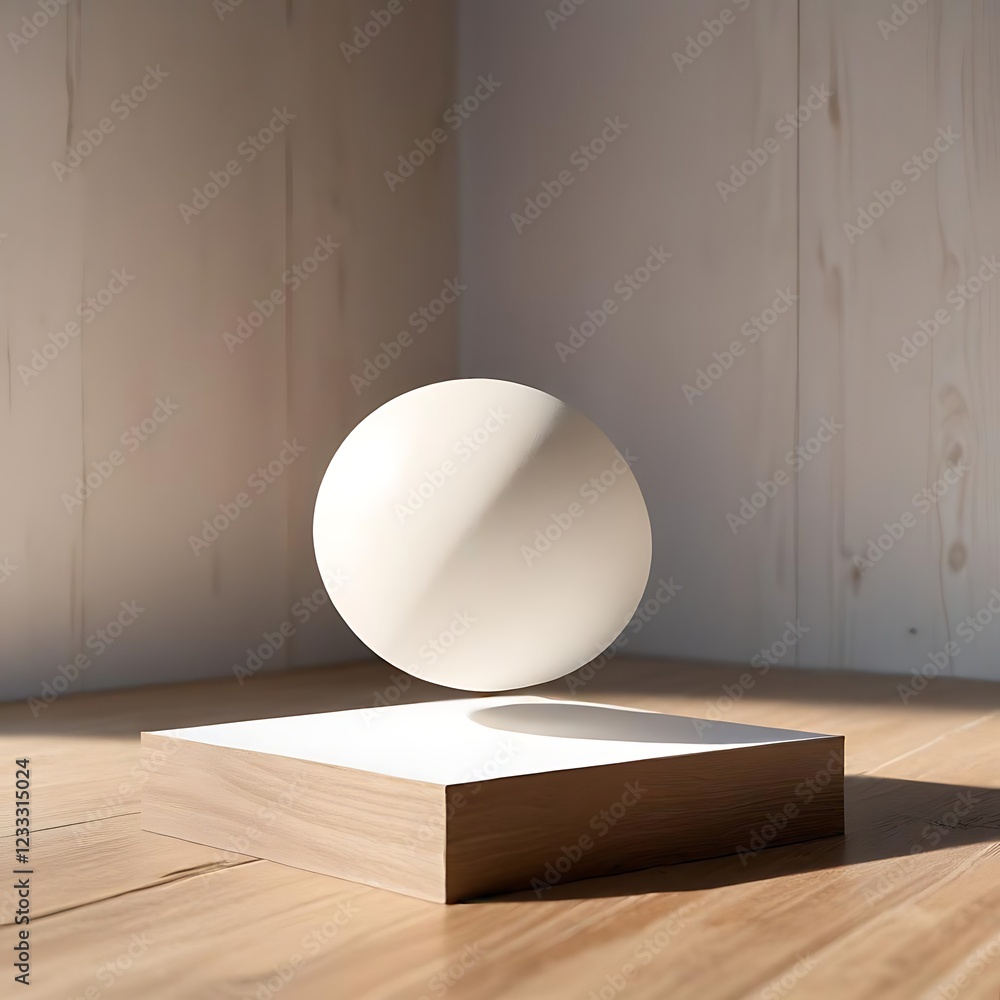 Poster white sphere hovering above a light wooden display platform