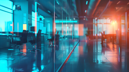 Fototapeta premium Modern office space with glass walls and vibrant lighting.