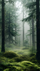 Obraz premium Mystical Foggy Forest with Lush Green Moss Layers