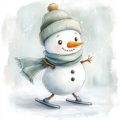 Cute snowman ice skate cartoon style