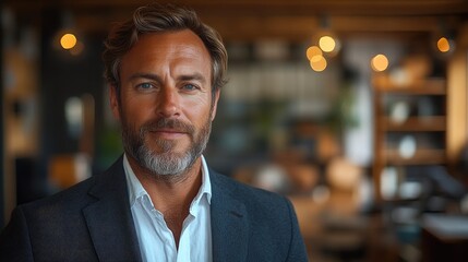Obraz premium Close-up portrait of a man with a beard in business attire in a blurred office