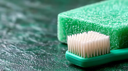 Green toothbrush and soap on dark surface