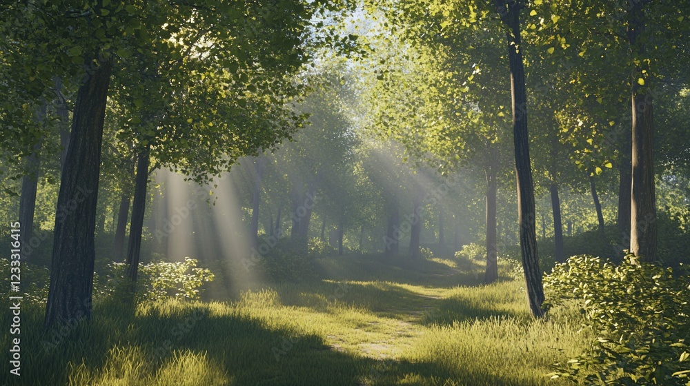 Poster sunlight filters through a lush forest path creating a serene scene