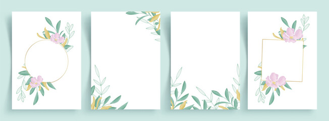 Flowers and leaves background clipart poster set. Spring wallpaper with leaf and flower drawing in watercolor style for greetings, wishes and invitation card collection. Vector illustration.
